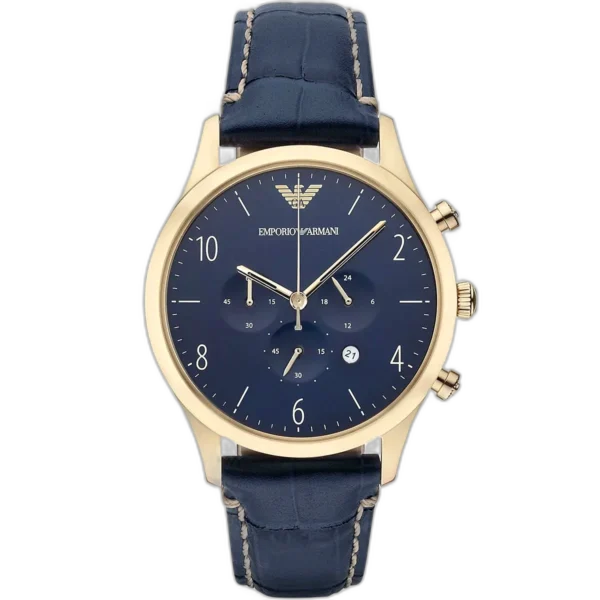 "Emporio Armani Beta Large AR1862 men's chronograph watch with blue dial and matching blue genuine leather strap."