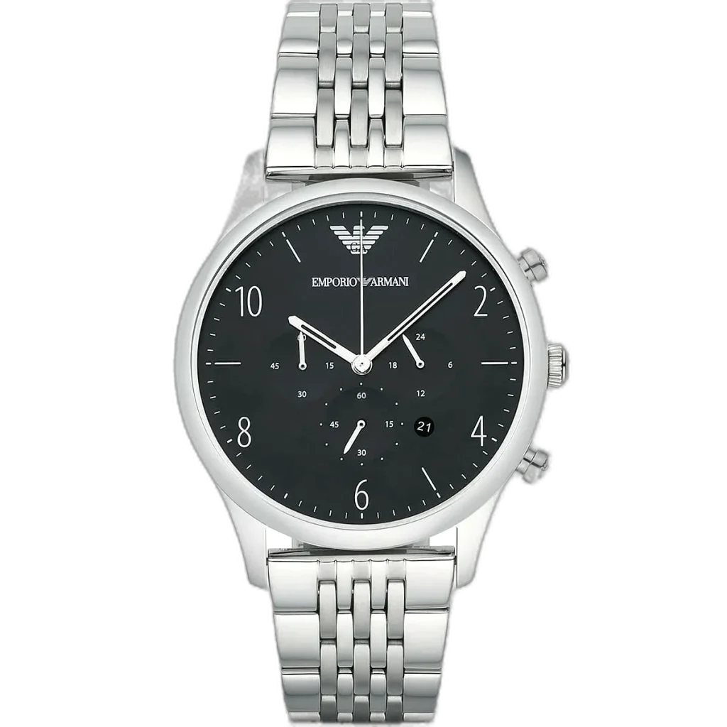 "Emporio Armani Beta Large AR1863 men's chronograph watch with black dial and silver stainless steel strap."