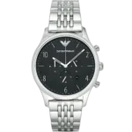 "Emporio Armani Beta Large AR1863 men's chronograph watch with black dial and silver stainless steel strap."