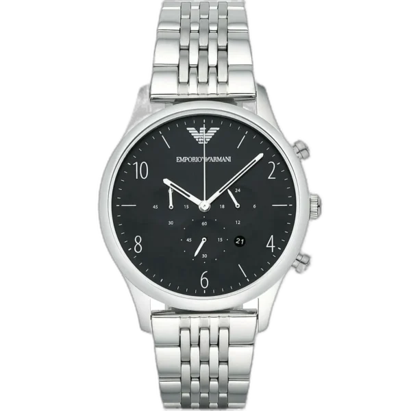 "Emporio Armani Beta Large AR1863 men's chronograph watch with black dial and silver stainless steel strap."