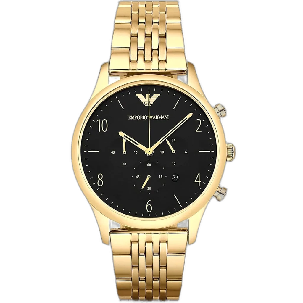 "Emporio Armani Beta AR1893 men's watch with a black dial and a gold-toned stainless steel strap."