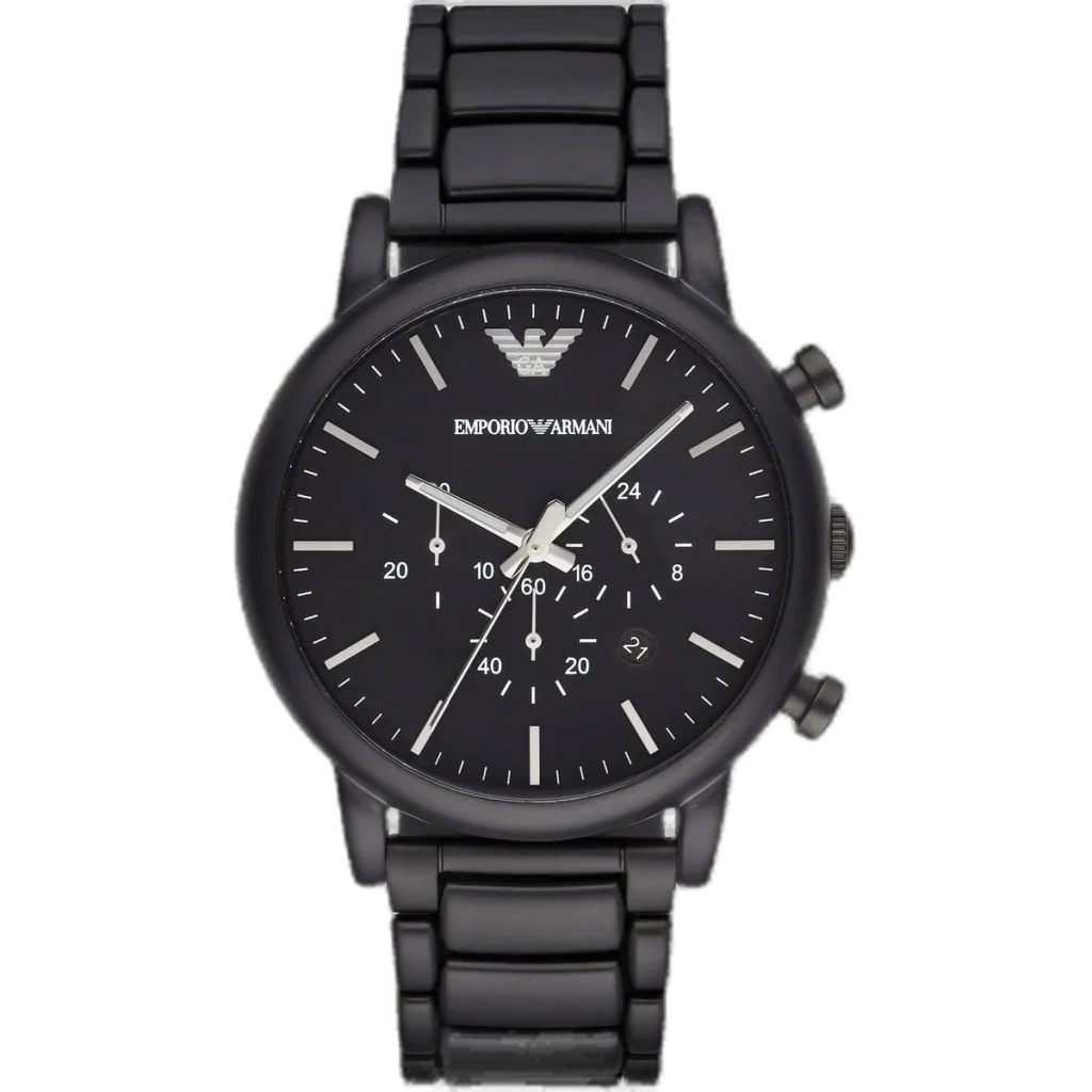 "Emporio Armani Luigi AR1895 men's watch with a black dial and a black genuine leather strap."