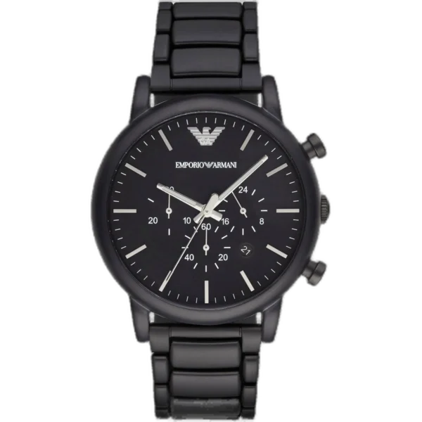 "Emporio Armani Luigi AR1895 men's watch with a black dial and a black genuine leather strap."