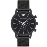 "Emporio Armani Luigi AR1968 men's watch with a black dial and a black stainless steel strap."