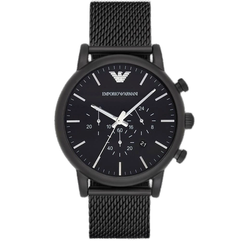 "Emporio Armani Luigi AR1968 men's watch with a black dial and a black stainless steel strap."