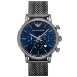"Emporio Armani Luigi AR1979 men's watch with a blue dial and a gunmetal-toned stainless steel strap."