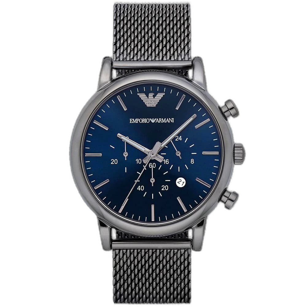 "Emporio Armani Luigi AR1979 men's watch with a blue dial and a gunmetal-toned stainless steel strap."