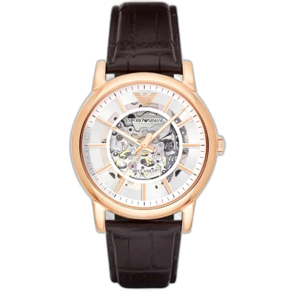"Emporio Armani Luigi AR1983 men's watch with a white dial and a brown genuine leather strap."