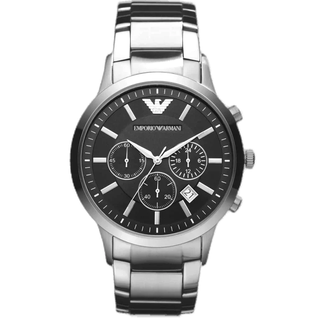 "Emporio Armani Renato AR2434 men's watch with a black dial and a silver-toned stainless steel strap."