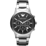 "Emporio Armani Renato AR2434 men's watch with a black dial and a silver-toned stainless steel strap."