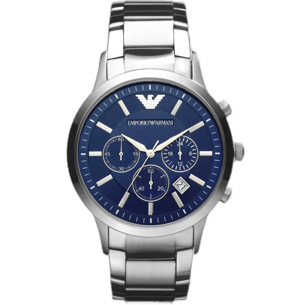 "Emporio Armani Renato AR2448 men's watch with a blue dial and a silver-toned stainless steel strap."