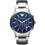 "Emporio Armani Renato AR2448 men's watch with a blue dial and a silver-toned stainless steel strap."