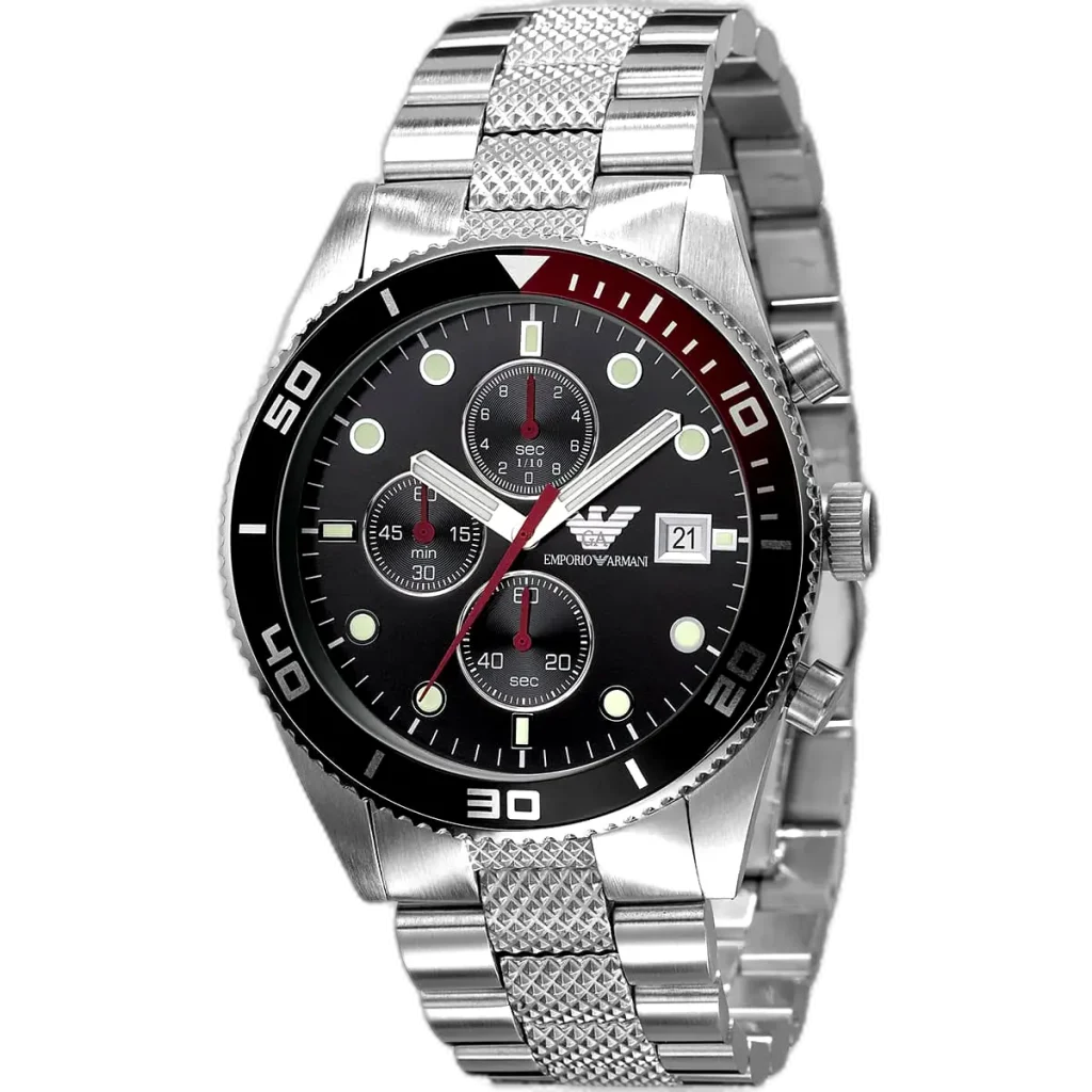 "Emporio Armani AR5855 men's chronograph watch with a black dial and a silver-toned stainless steel strap."