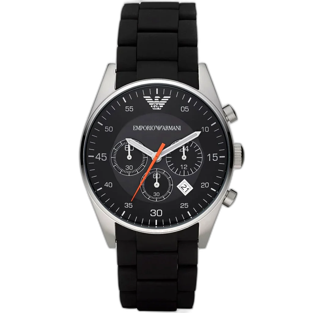 "Emporio Armani Sportivo AR5858 men's chronograph watch with a black dial and a black stainless steel and rubber combination strap."