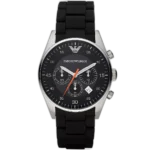"Emporio Armani Sportivo AR5858 men's chronograph watch with a black dial and a black stainless steel and rubber combination strap."