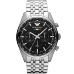 "Emporio Armani Tazio AR5983 men's multi-function watch with a black dial and a silver-toned stainless steel strap."