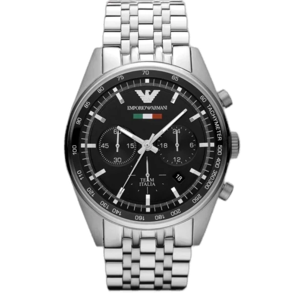 "Emporio Armani Tazio AR5983 men's multi-function watch with a black dial and a silver-toned stainless steel strap."