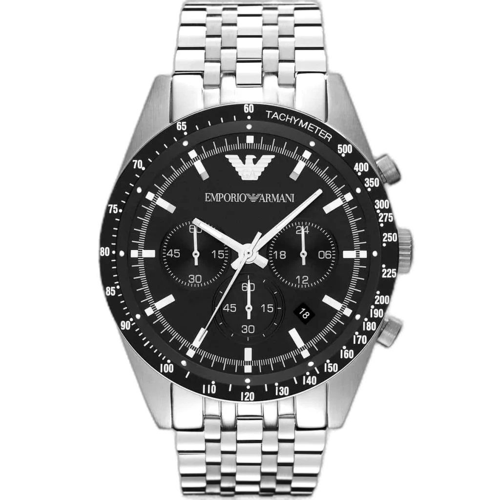"Emporio Armani Sportivo AR5988 men's chronograph watch with a black dial and a silver-toned stainless steel strap."