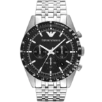 "Emporio Armani Sportivo AR5988 men's chronograph watch with a black dial and a silver-toned stainless steel strap."