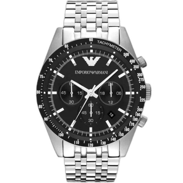 "Emporio Armani Sportivo AR5988 men's chronograph watch with a black dial and a silver-toned stainless steel strap."