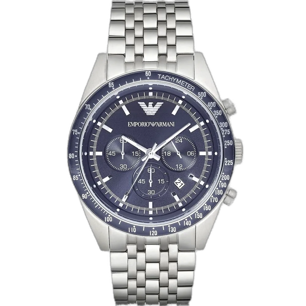 "Emporio Armani Tazio AR6072 men's multi-function watch with a blue dial and a silver-toned stainless steel strap."