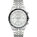 "Emporio Armani Tazio AR6073 men's multi-function watch with a silver-toned dial and a matching silver-toned stainless steel strap."