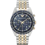 "Emporio Armani Tazio AR6088 men's multi-function watch with a blue dial and a two-toned silver and gold stainless steel strap."
