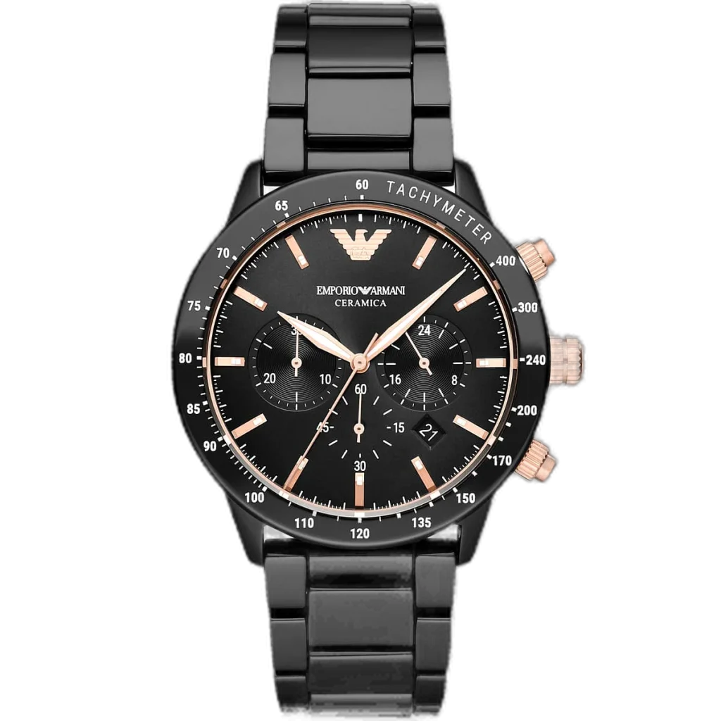 Emporio Armani Mario AR70002 men's watch with an all-black stainless steel case and strap.