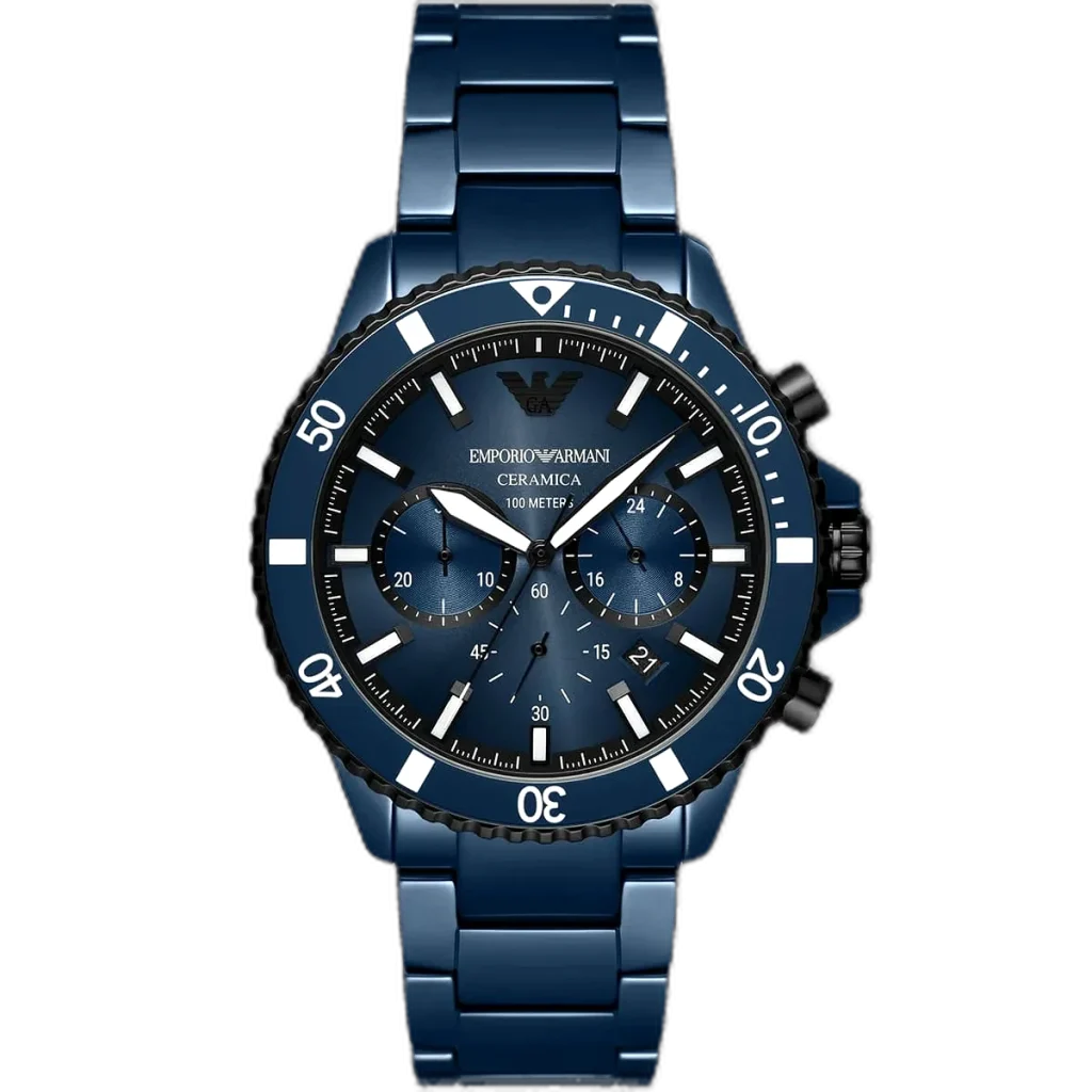 Emporio Armani Diver AR70009 men's chronograph watch with a blue dial and a blue ceramic case and strap.