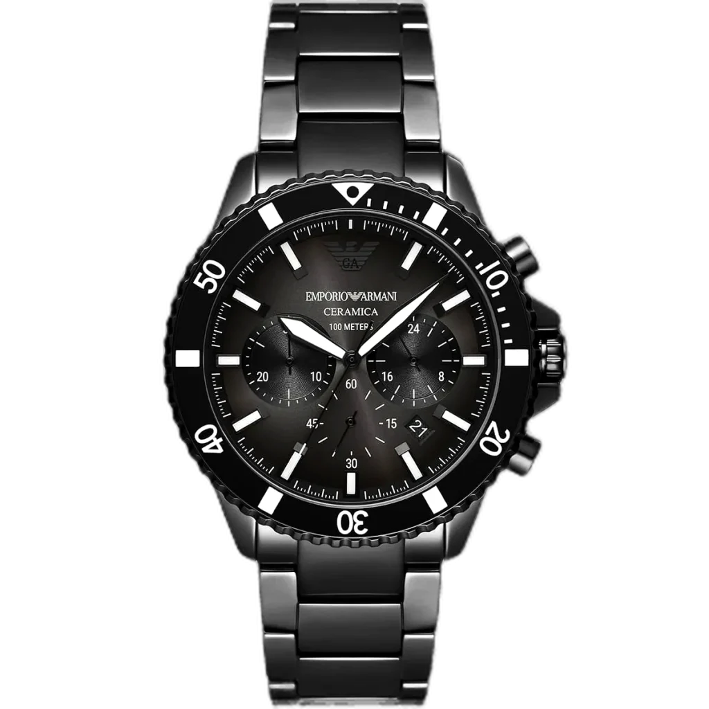 Emporio Armani Diver AR70010 men's chronograph watch with a black dial and a black ceramic case and strap.