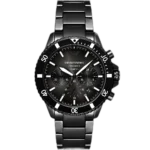 Emporio Armani Diver AR70010 men's chronograph watch with a black dial and a black ceramic case and strap.