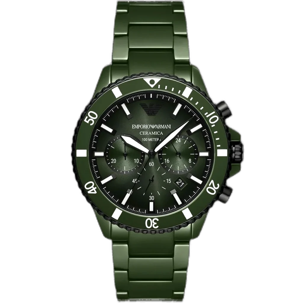 Emporio Armani Diver AR70011 men's chronograph watch with a green dial and a green ceramic case and strap.