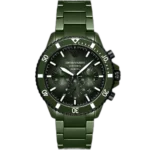 Emporio Armani Diver AR70011 men's chronograph watch with a green dial and a green ceramic case and strap.
