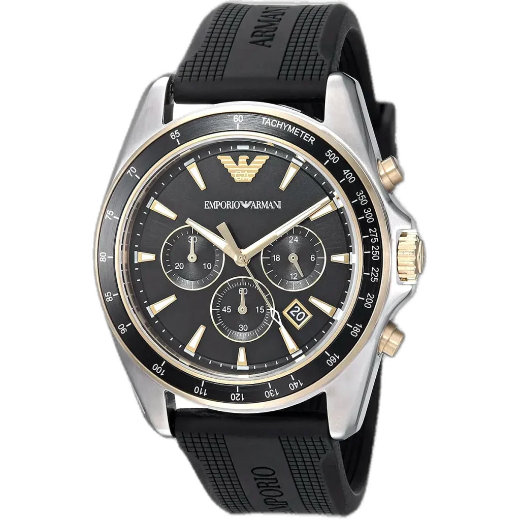 Emporio Armani Sigma XLarge AR80003 men's chronograph watch with a black dial and a black rubber strap.