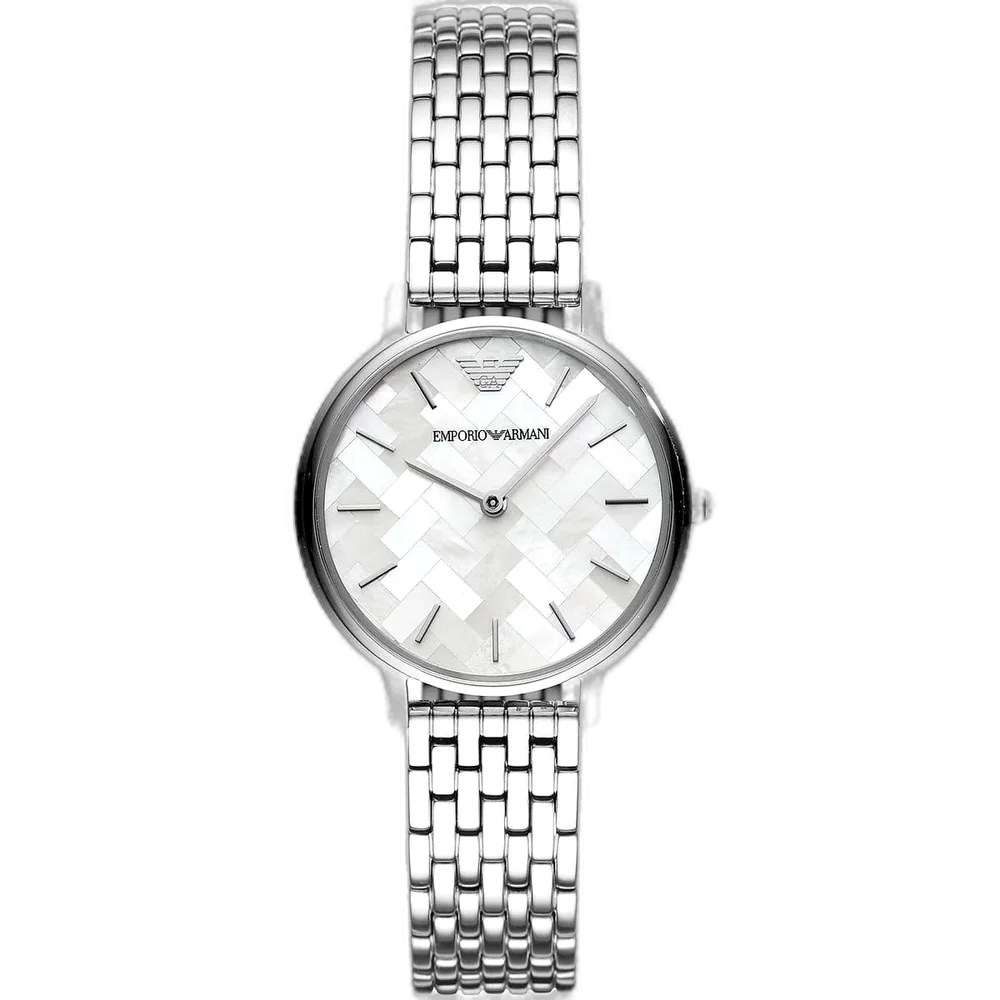 Emporio Armani Kappa AR11112 women's watch with a white dial and a silver-toned stainless steel strap.