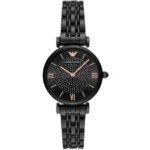 Emporio Armani Gianni T-Bar AR11245 women's watch with an all-black dial and stainless steel strap.