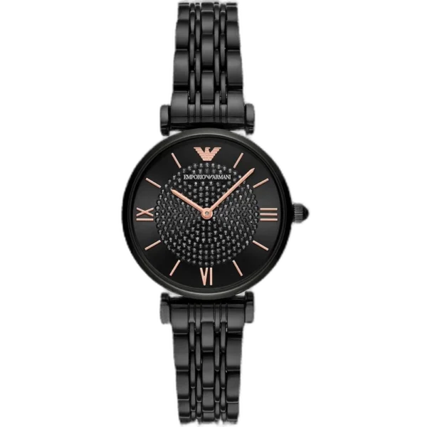 Emporio Armani Gianni T-Bar AR11245 women's watch with an all-black dial and stainless steel strap.