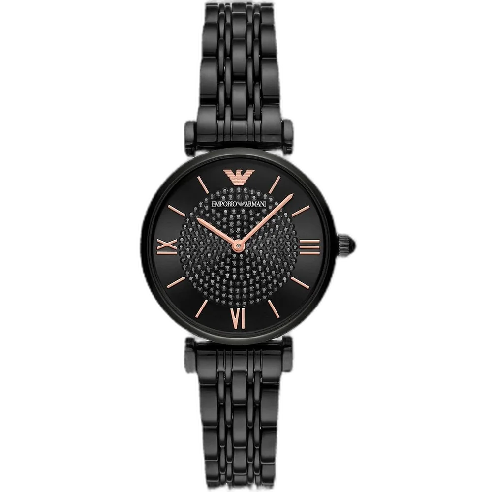 Emporio Armani Gianni T-Bar AR11245 women's watch with an all-black dial and stainless steel strap.