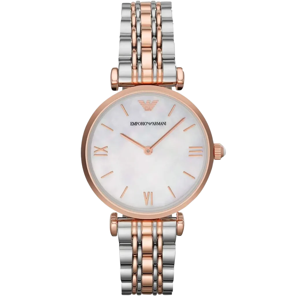 Emporio Armani Gianni T-Bar AR1683 women's watch with a white dial and a two-toned silver and rose gold stainless steel strap.