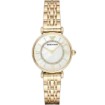 Emporio Armani Gianni T-Bar AR1907 women's watch with a white dial and a gold-toned stainless steel strap.