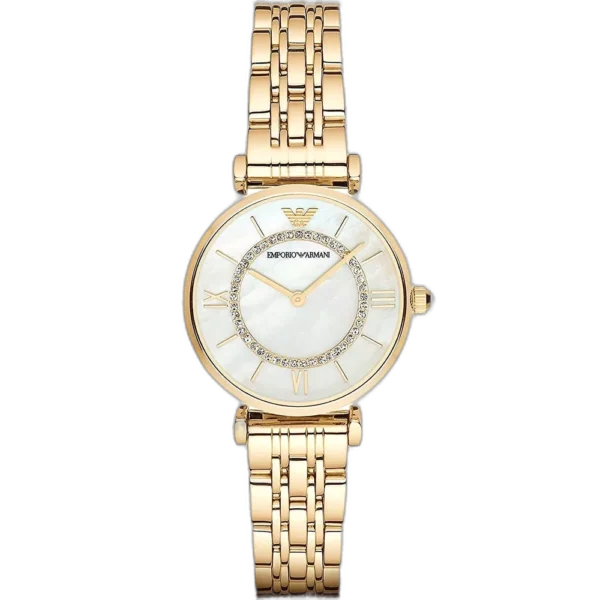 Emporio Armani Gianni T-Bar AR1907 women's watch with a white dial and a gold-toned stainless steel strap.