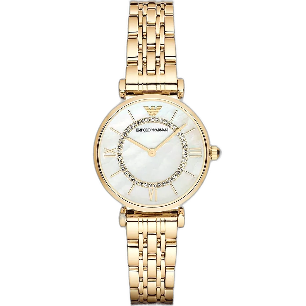 Emporio Armani Gianni T-Bar AR1907 women's watch with a white dial and a gold-toned stainless steel strap.