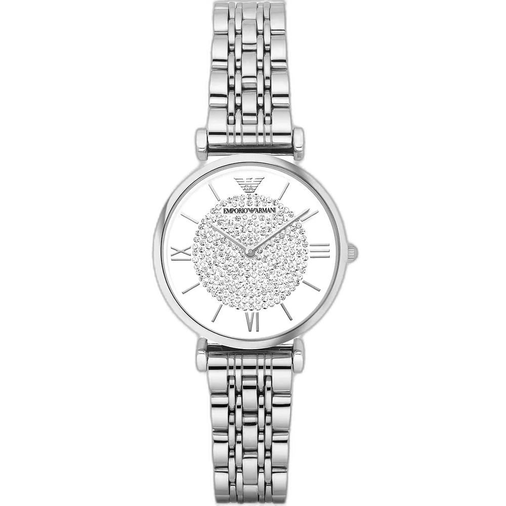 Emporio Armani Gianni T-Bar AR1925 women's watch with a white dial and a silver-toned stainless steel mesh strap.