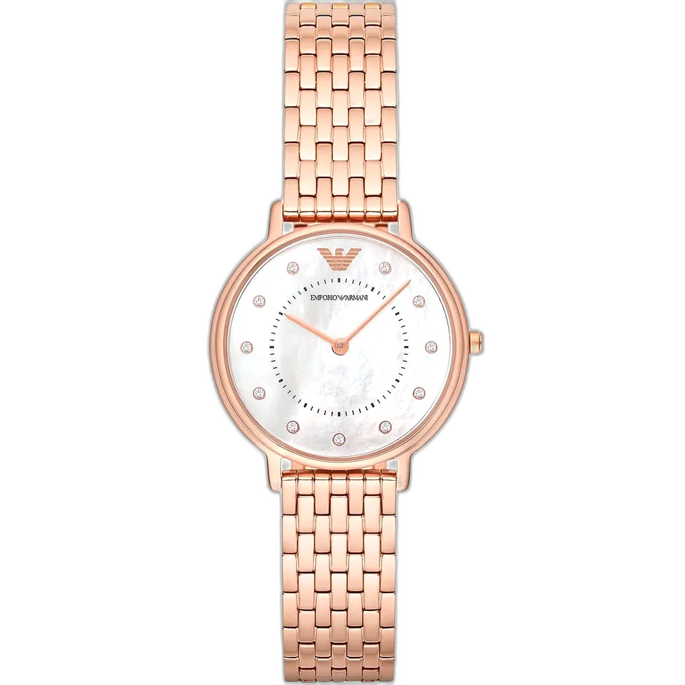 Emporio Armani Kappa AR11006 women's watch with a white dial and a rose gold-toned stainless steel strap.