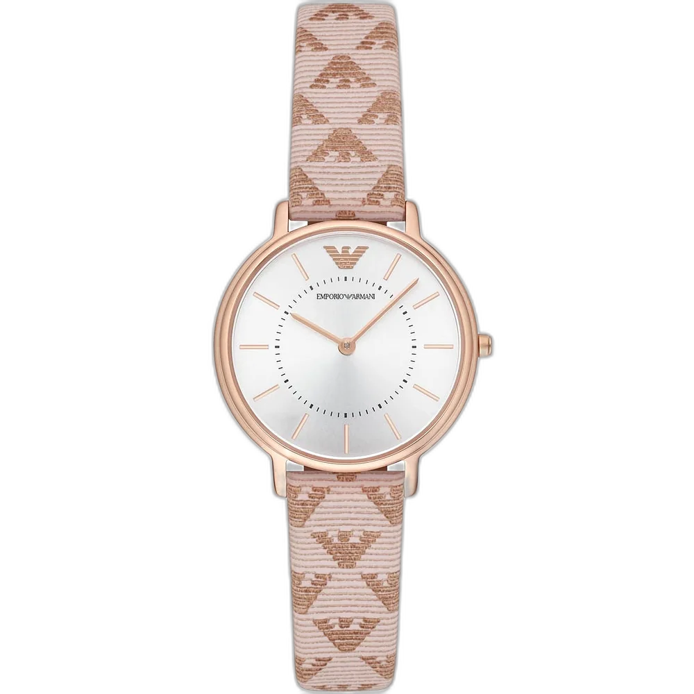Emporio Armani Kappa AR11008 women's watch with a gold-toned case and a beige leather strap.