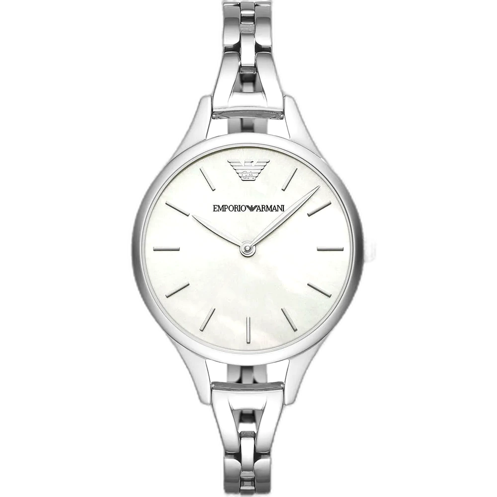Emporio Armani Aurora AR11054 women's watch with a white mother-of-pearl dial and a silver-toned stainless steel strap.