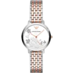 Emporio Armani Kappa AR11113 women's watch with a silver dial and a two-tone stainless steel mesh strap in silver and rose gold.