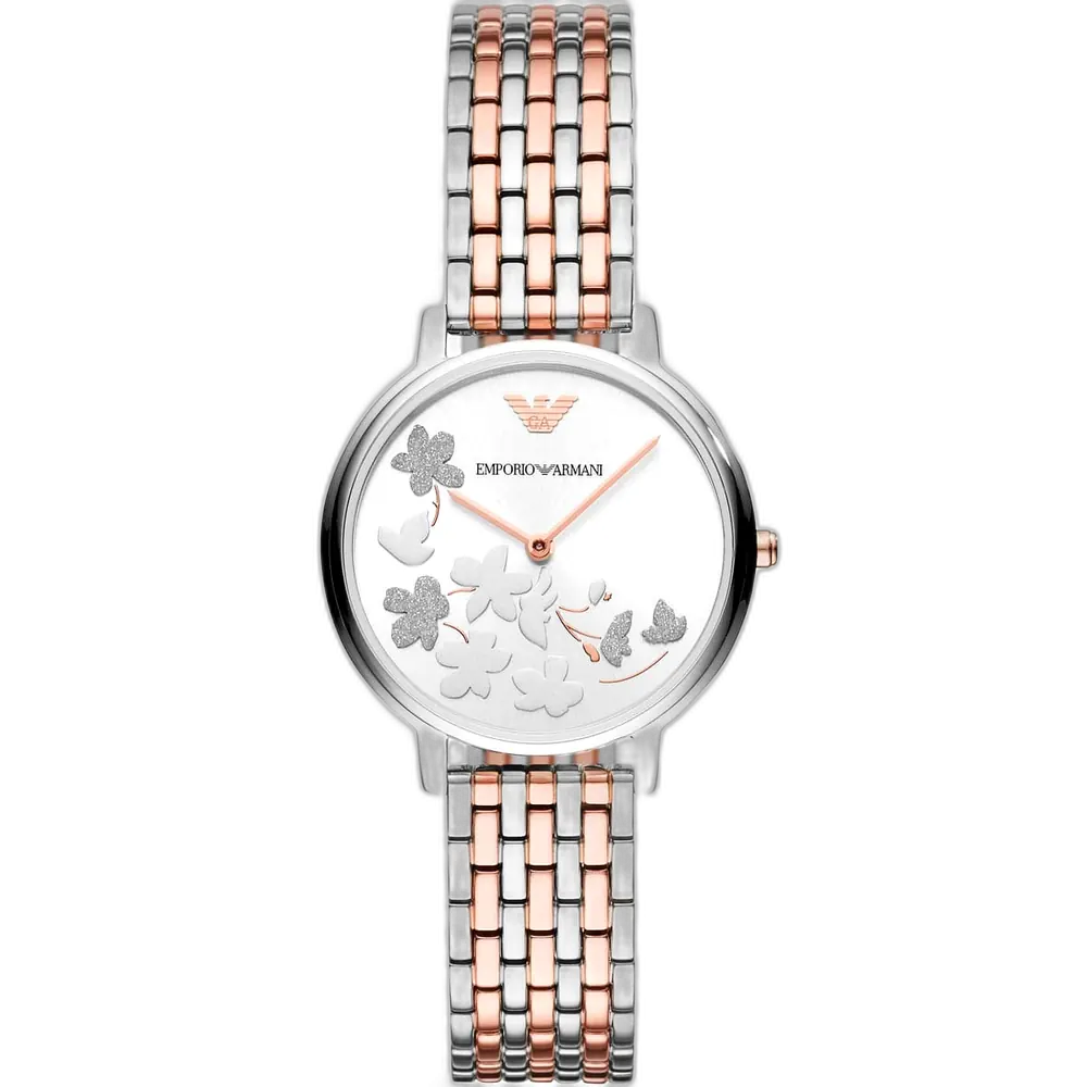 Emporio Armani Kappa AR11113 women's watch with a silver dial and a two-tone stainless steel mesh strap in silver and rose gold.