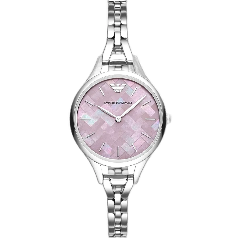 Emporio Armani Aurora AR11122 women's watch with a deep purple dial and a silver-toned stainless steel strap.