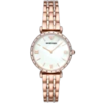 Emporio Armani Gianni T-Bar AR11294 women's watch with a white dial and a rose gold-toned stainless steel mesh strap.